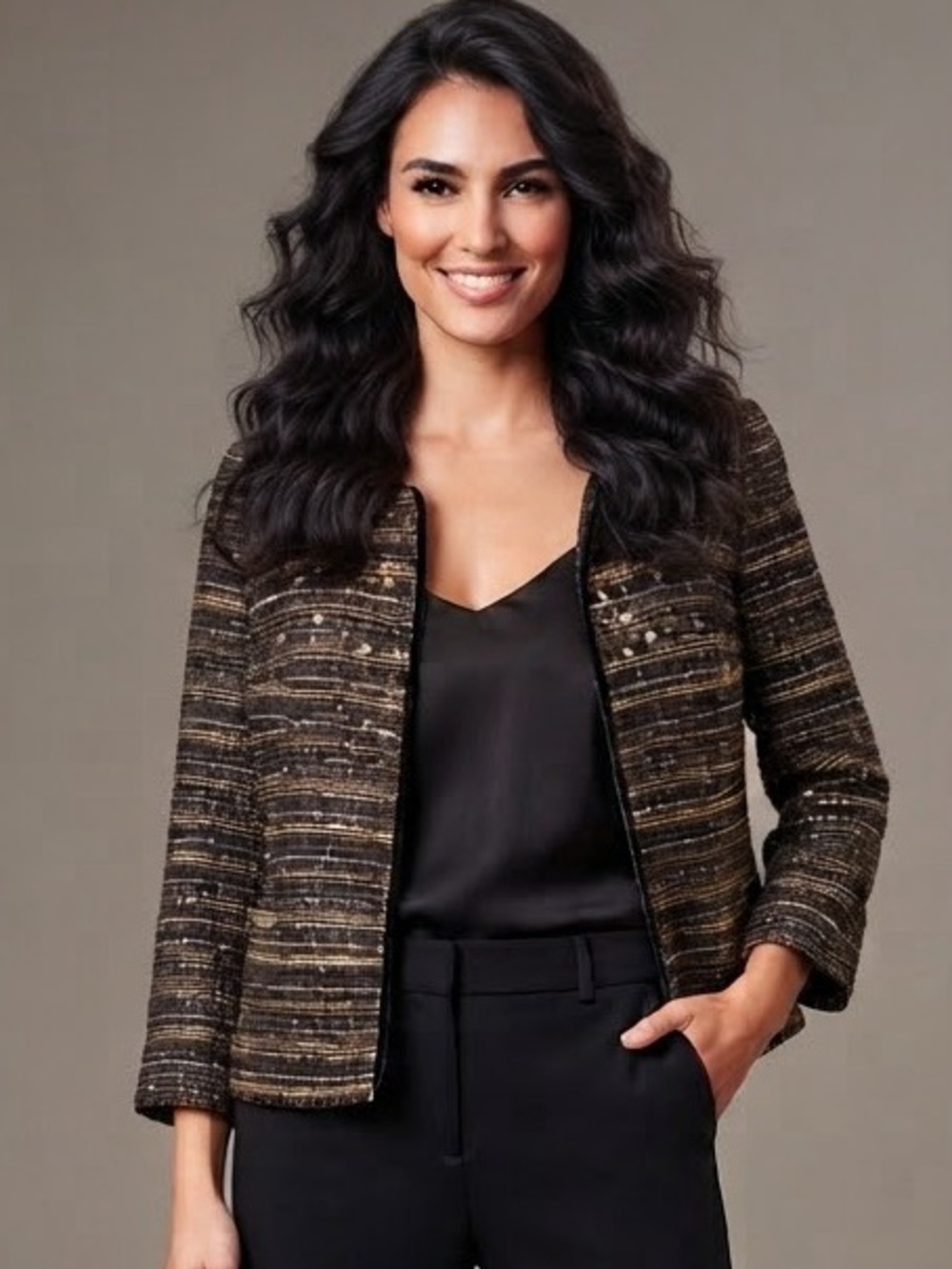 Pleione Tweed Blazer Jacket Size M Black Gold Embellished